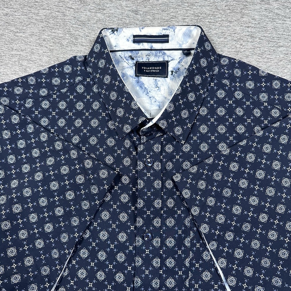 7 Diamonds 4 Way Stretch Shirt Mens XL Blue Floral Dance Button Up Performance